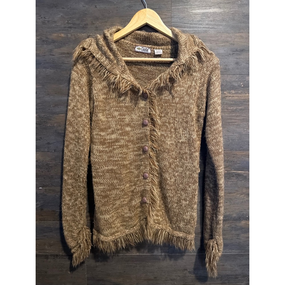 Tiara Intnatl. Brown Marled Fringe Hooded Cardigan Sweater SMALL NO BELT